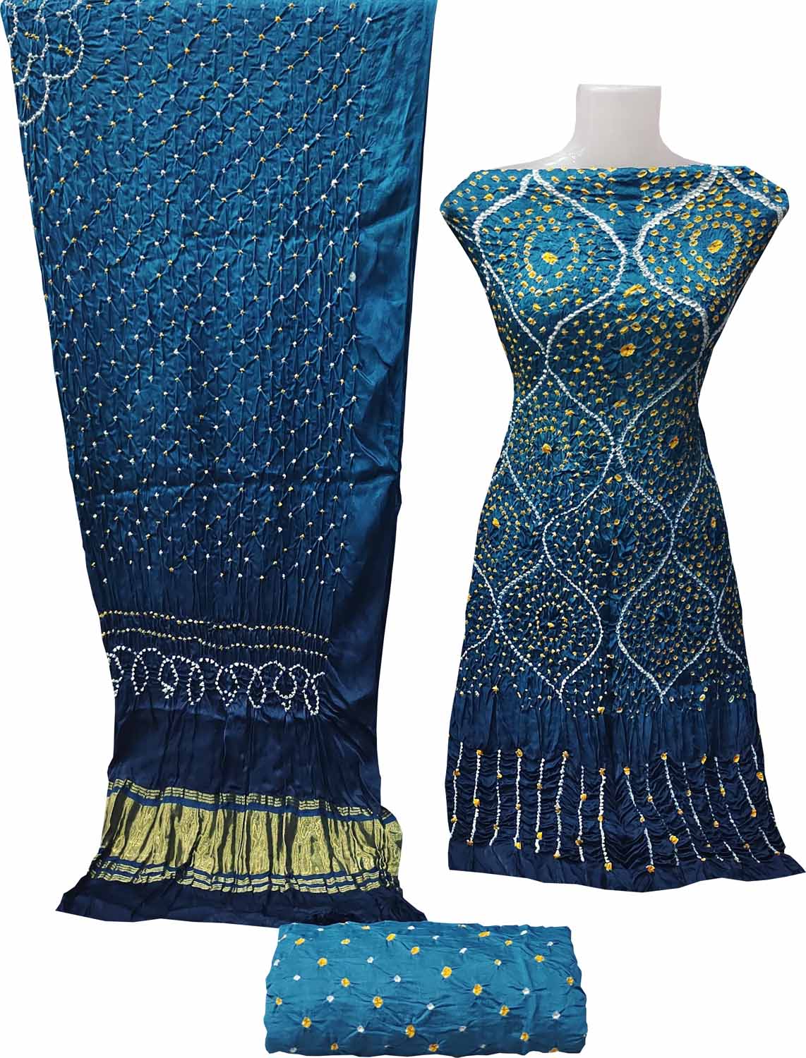 Blue Bandhani Hand Bandhej Gajji Silk Three Piece Unstitched Suit Set - Luxurion World