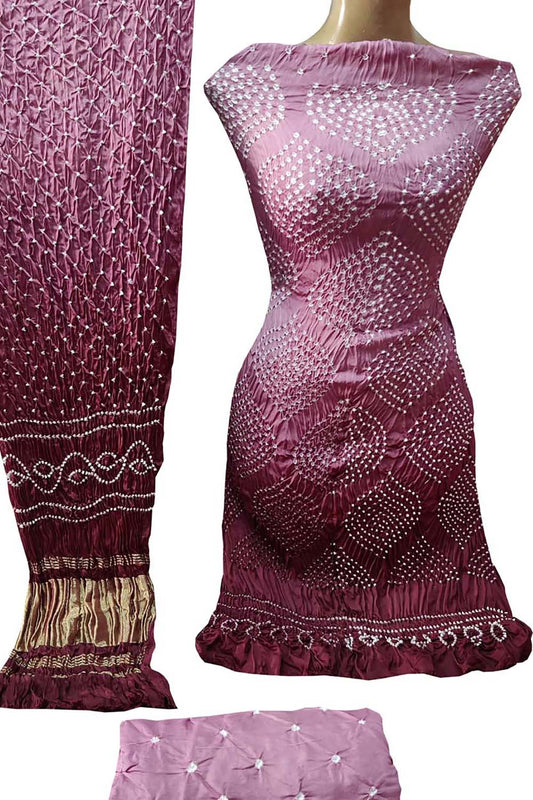 Pink Bandhani Hand Bandhej Gajji Silk Three Piece Unstitched Suit Set - Luxurion World