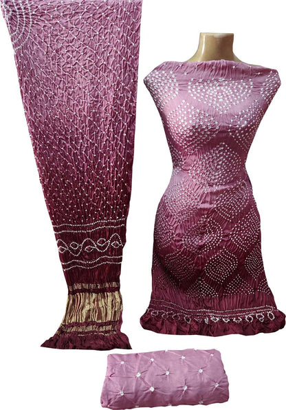 Pink Bandhani Hand Bandhej Gajji Silk Three Piece Unstitched Suit Set - Luxurion World