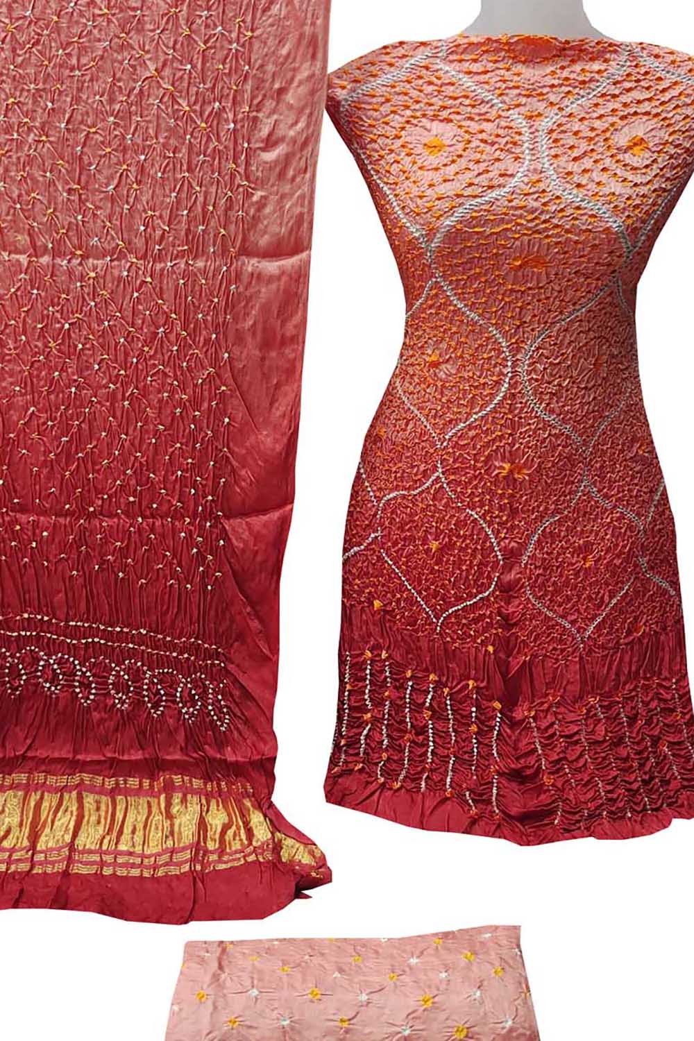 Vibrant Orange Bandhani Hand Bandhej Gajji Silk 3-Piece Unstitched Suit Set - Luxurion World