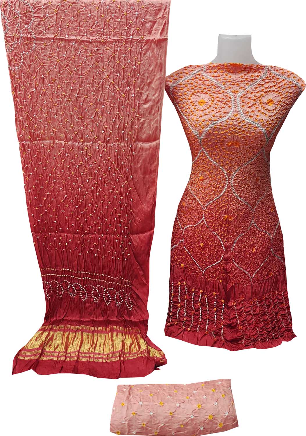 Vibrant Orange Bandhani Hand Bandhej Gajji Silk 3-Piece Unstitched Suit Set - Luxurion World