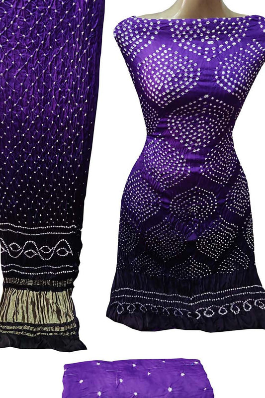 Purple Bandhani Hand Bandhej Gajji Silk Three Piece Unstitched Suit Set - Luxurion World
