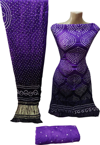 Purple Bandhani Hand Bandhej Gajji Silk Three Piece Unstitched Suit Set - Luxurion World