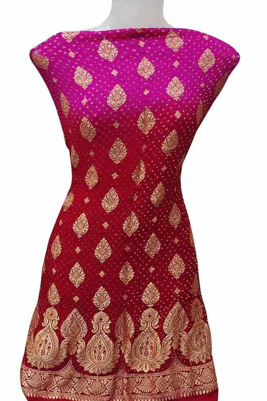 Stunning Pink & Red Banarasi Bandhani Handloom Georgette Suit Set - Luxurion World