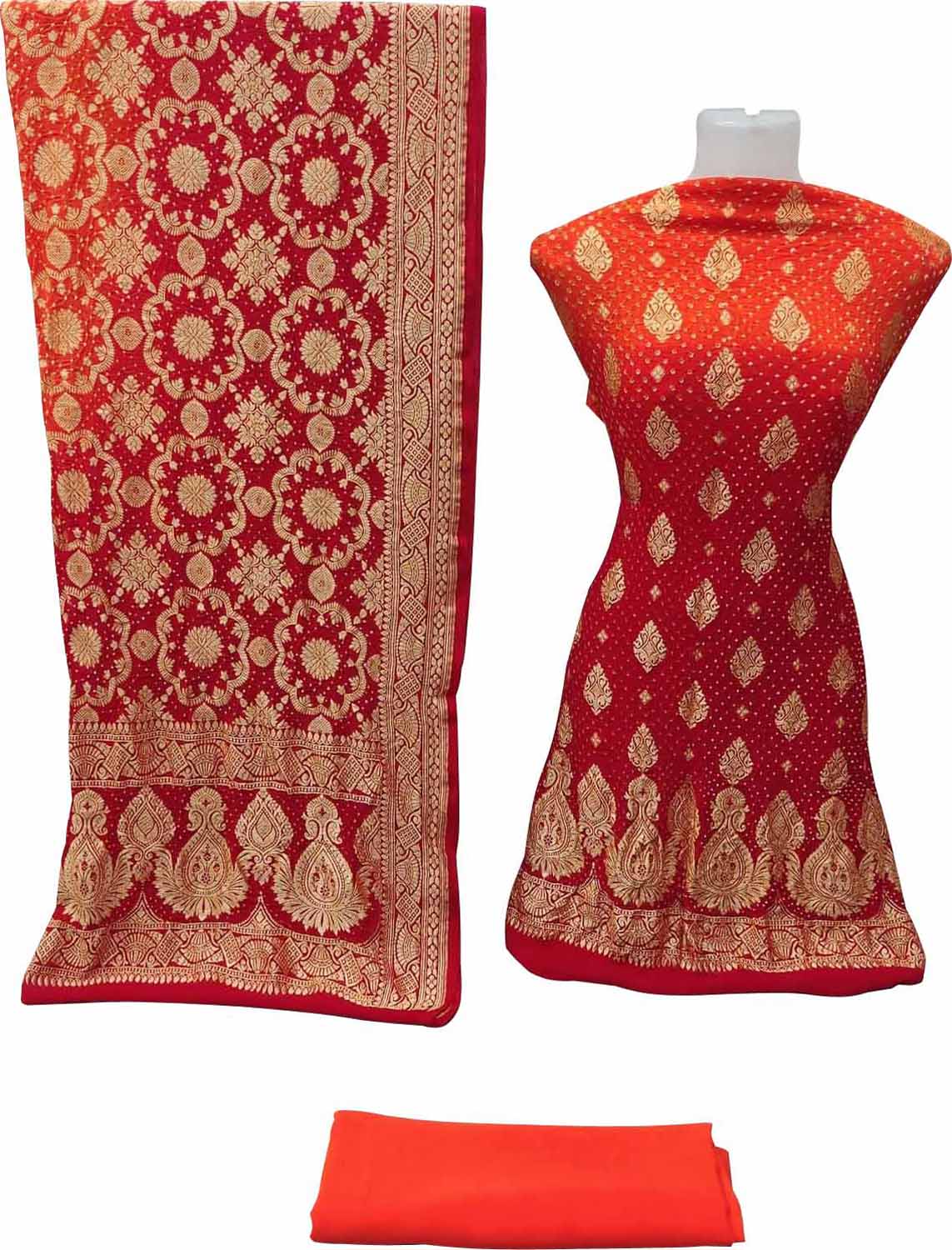 Orange & Red Banarasi Bandhani Handloom Pure Georgette Three Piece Unstitched Suit Set - Luxurion World