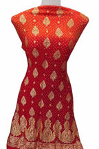 Orange & Red Banarasi Bandhani Handloom Pure Georgette Three Piece Unstitched Suit Set - Luxurion World