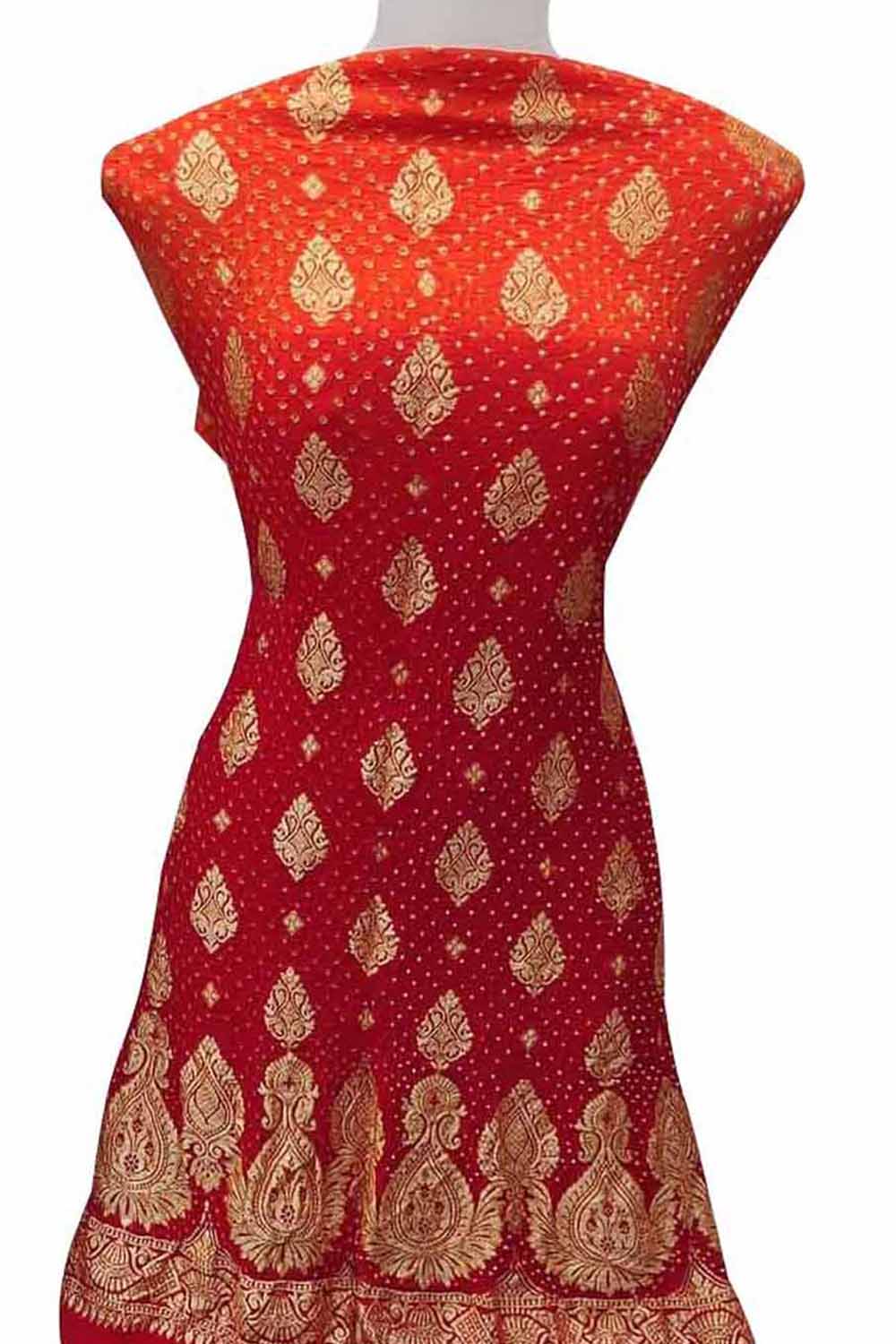 Orange & Red Banarasi Bandhani Handloom Pure Georgette Three Piece Unstitched Suit Set - Luxurion World