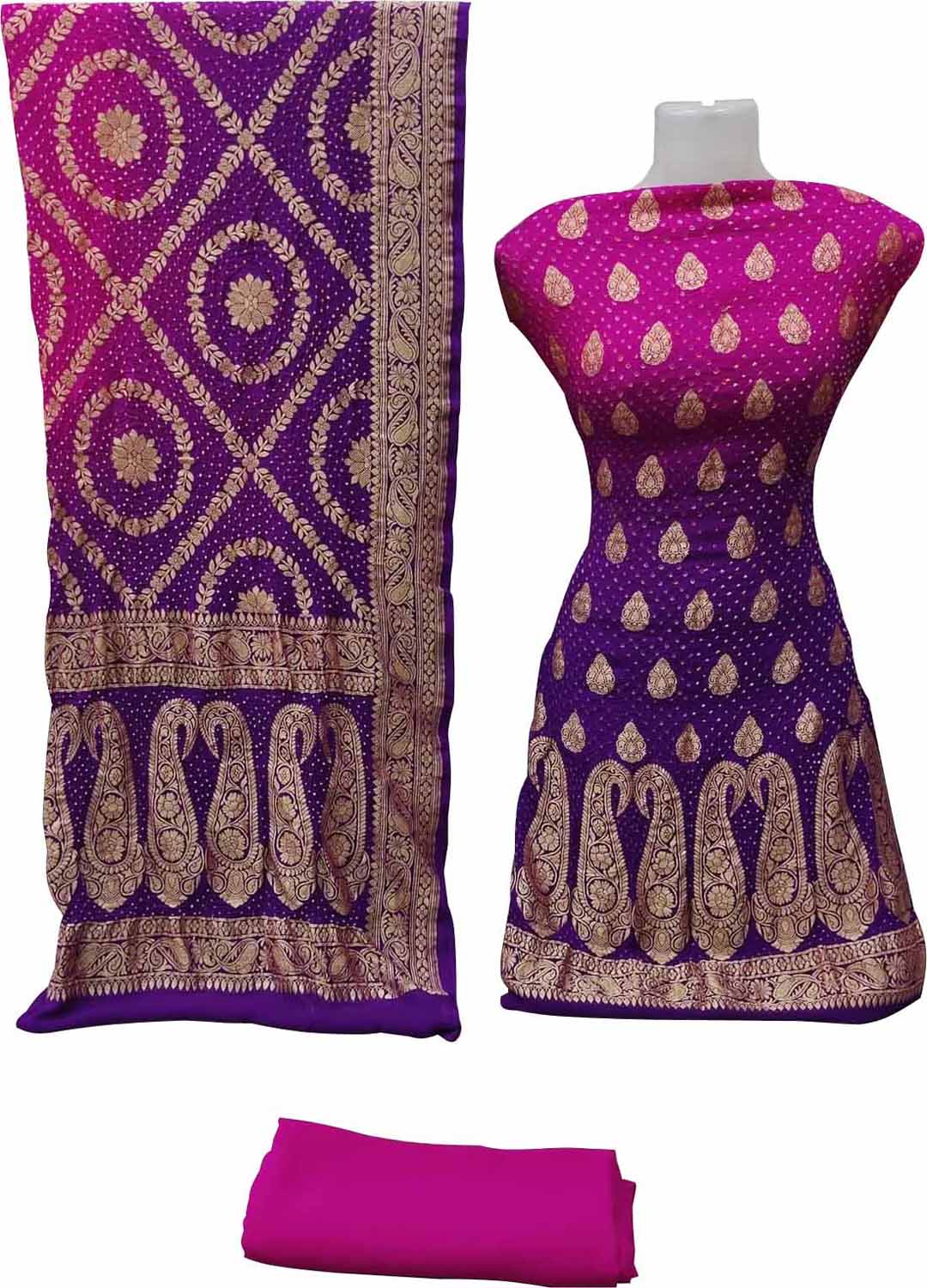 Pink & Purple Banarasi Bandhani Handloom Pure Georgette 3-Piece Suit - Luxurion World