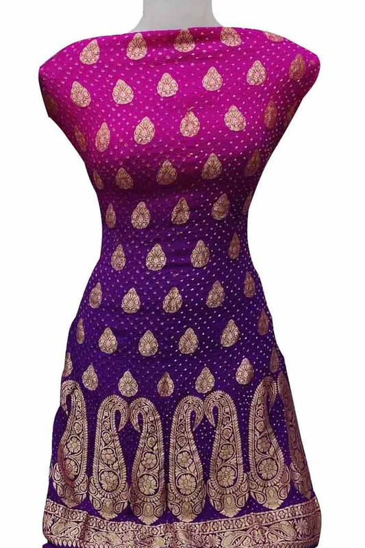 Pink & Purple Banarasi Bandhani Handloom Pure Georgette 3-Piece Suit - Luxurion World