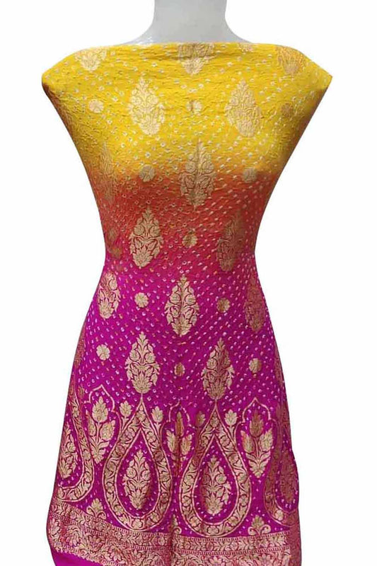 Multicolor Banarasi Bandhani Handloom Pure Georgette Three Piece Unstitched Suit Set