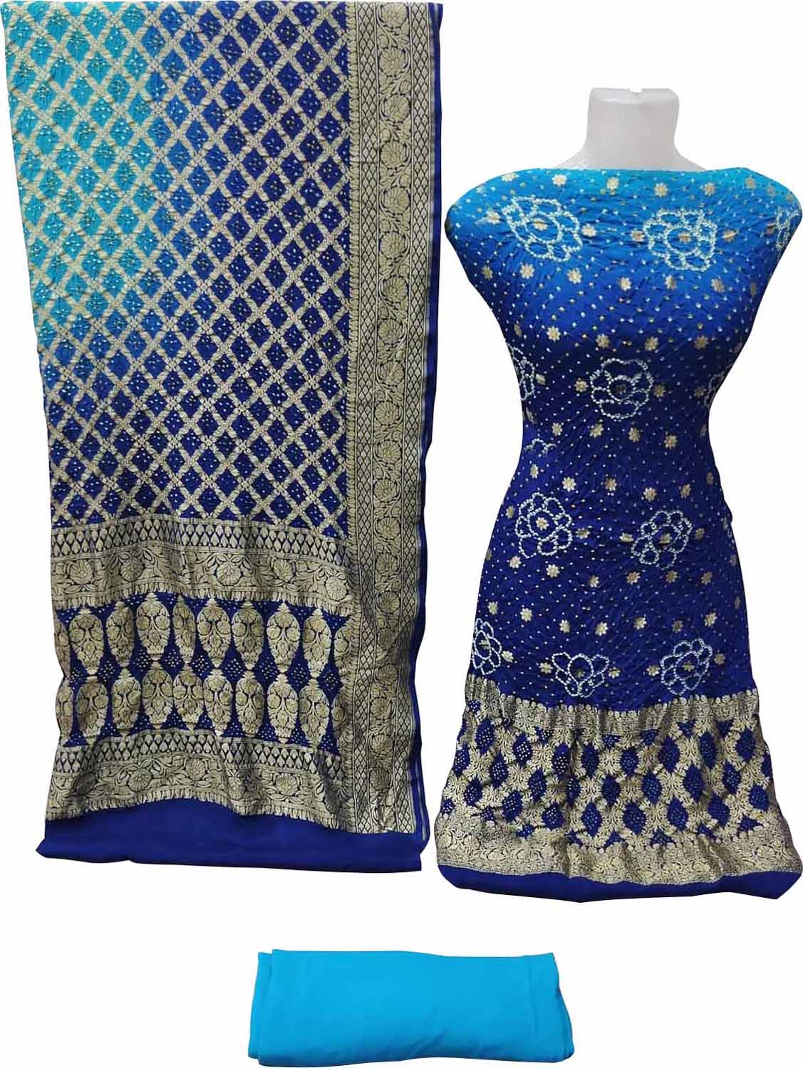 Blue Banarasi Bandhani Handloom Pure Georgette Three Piece Unstitched Suit Set: Traditional Elegance Redefined - Luxurion World