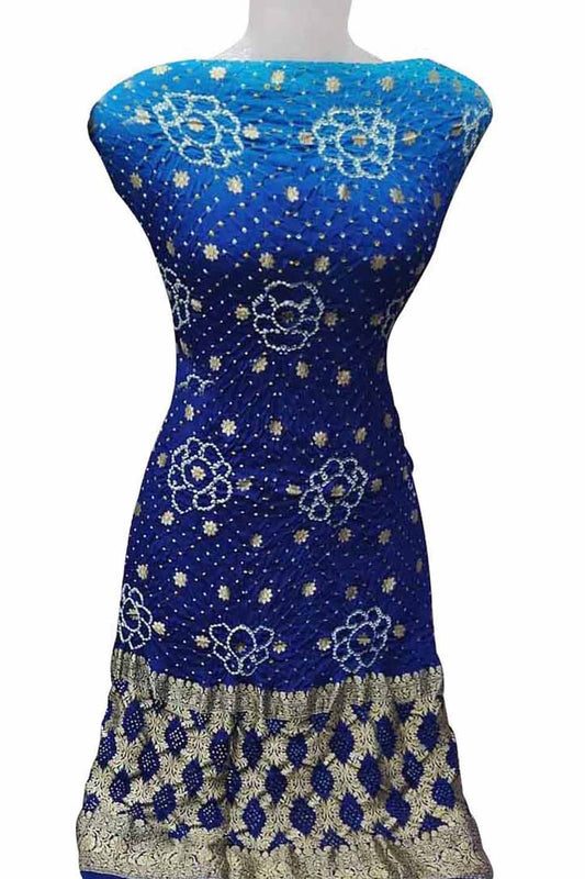 Blue Banarasi Bandhani Handloom Pure Georgette Three Piece Unstitched Suit Set: Traditional Elegance Redefined - Luxurion World