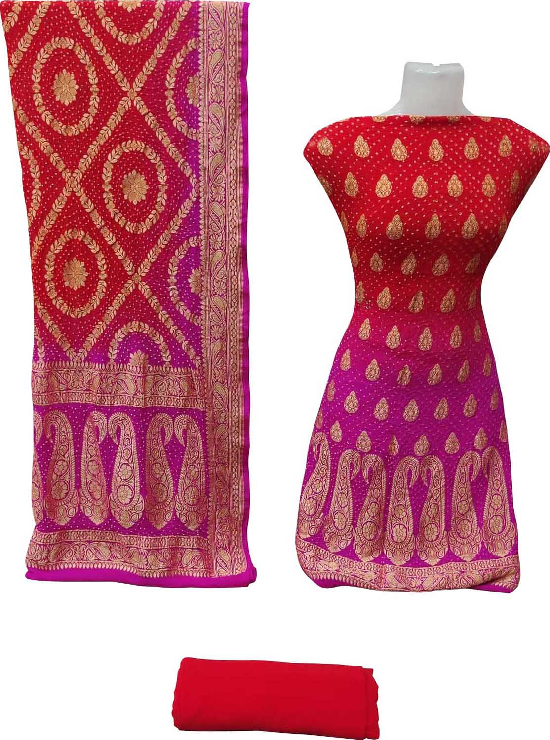 Red And Pink Banarasi Bandhani Handloom Pure Georgette Three Piece Unstitched Suit Set - Luxurion World