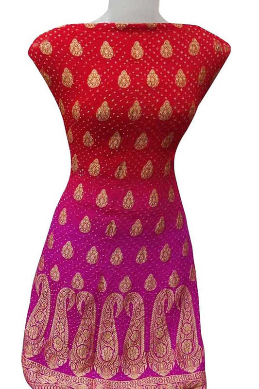 Red And Pink Banarasi Bandhani Handloom Pure Georgette Three Piece Unstitched Suit Set