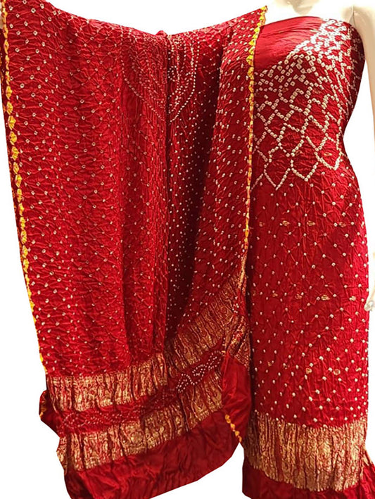 Red Bandhani Modal Silk Three Piece Suit Set
