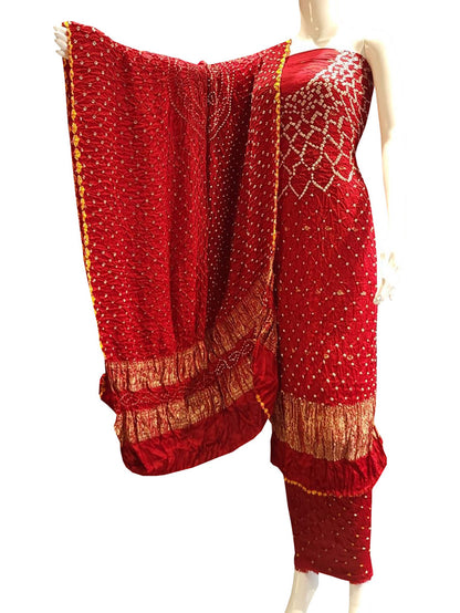 Red Bandhani Modal Silk Three Piece Suit Set - Luxurion World