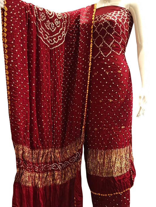 Maroon Bandhani Modal Silk Three Piece Suit Set