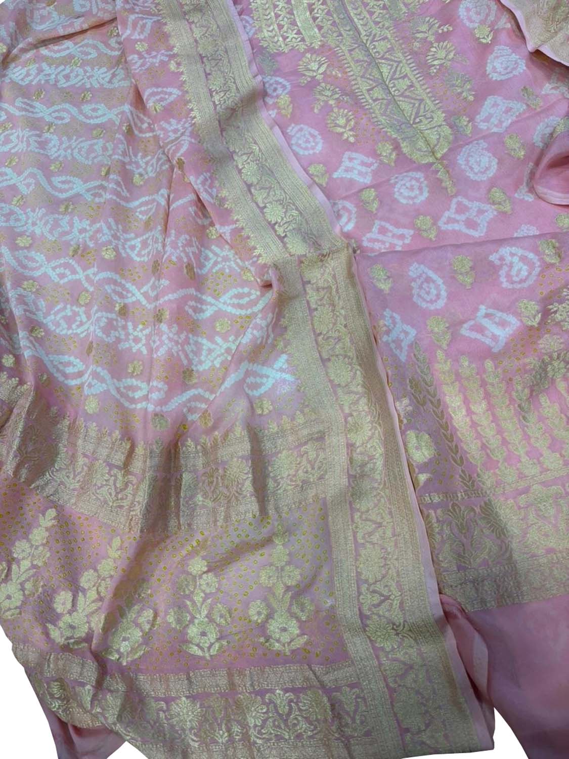 Pretty in Pink: Pure Georgette Banarasi Bandhani Three Piece Unstitched Suit Set - Luxurion World