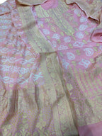 Pretty in Pink: Pure Georgette Banarasi Bandhani Three Piece Unstitched Suit Set - Luxurion World