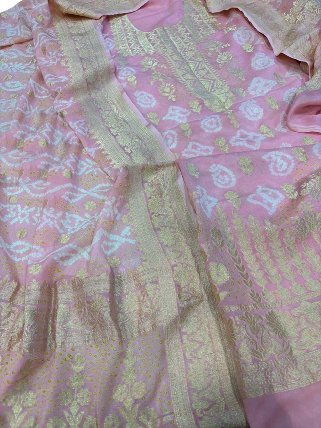 Pretty in Pink: Pure Georgette Banarasi Bandhani Three Piece Unstitched Suit Set - Luxurion World