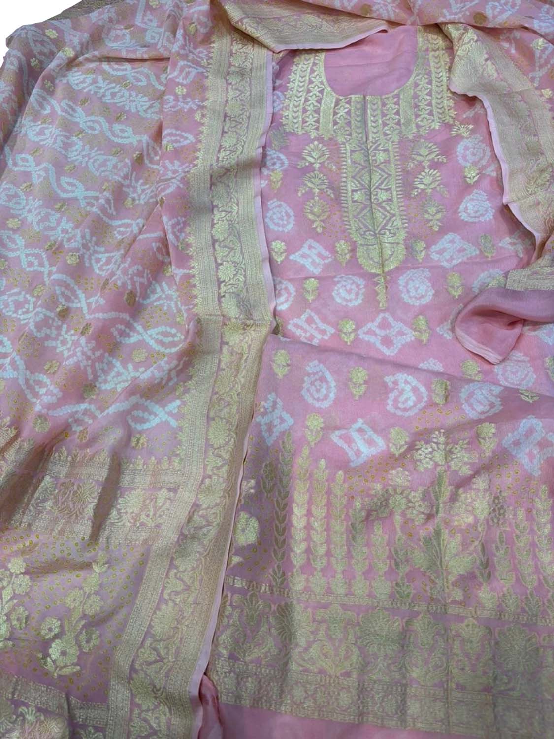 Pretty in Pink: Pure Georgette Banarasi Bandhani Three Piece Unstitched Suit Set - Luxurion World