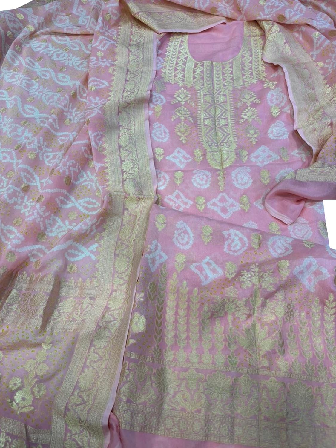Pretty in Pink: Pure Georgette Banarasi Bandhani Three Piece Unstitched Suit Set - Luxurion World