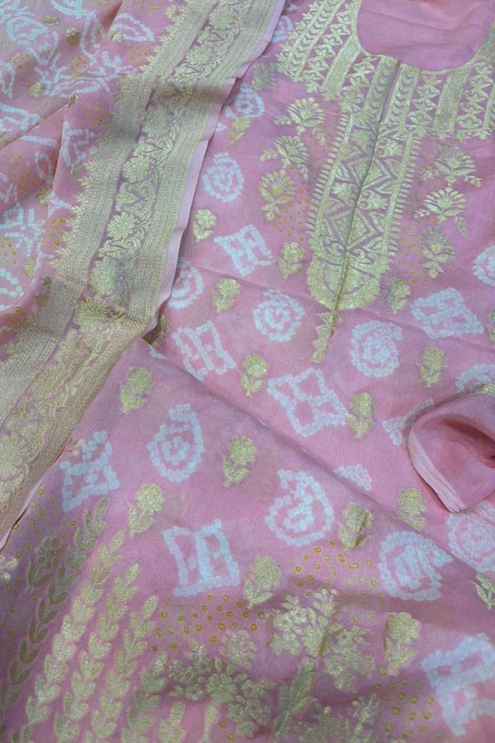 Pretty in Pink: Pure Georgette Banarasi Bandhani Three Piece Unstitched Suit Set - Luxurion World
