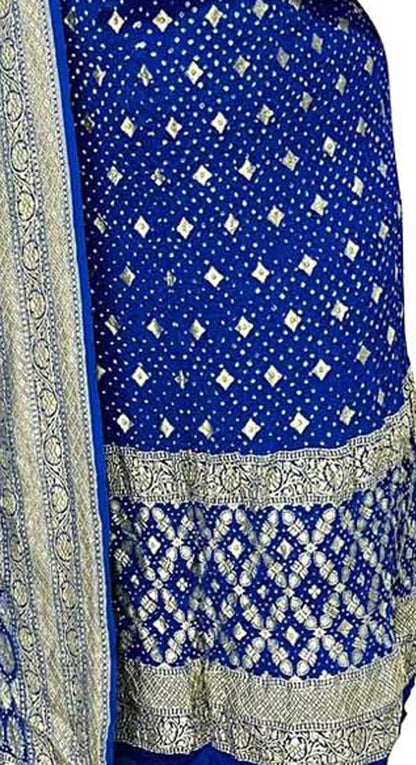 Blue Banarasi Bandhani Pure Georgette Three Piece Unstitched Suit Set - Luxurion World