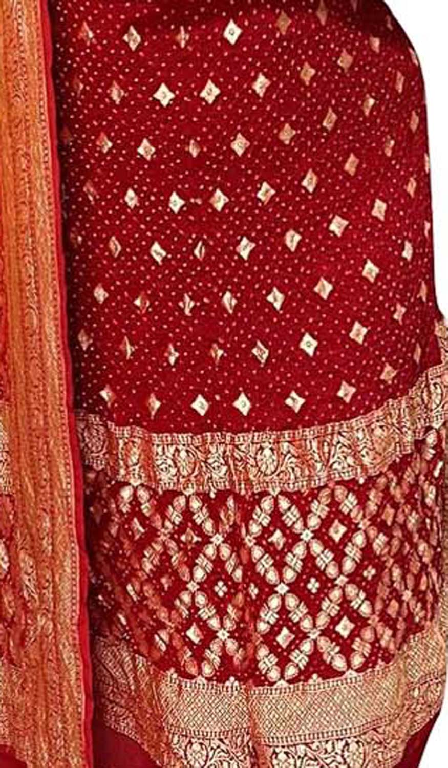 Red And Yellow Banarasi Bandhani Pure Georgette Three Piece Unstitched Suit Set - Luxurion World