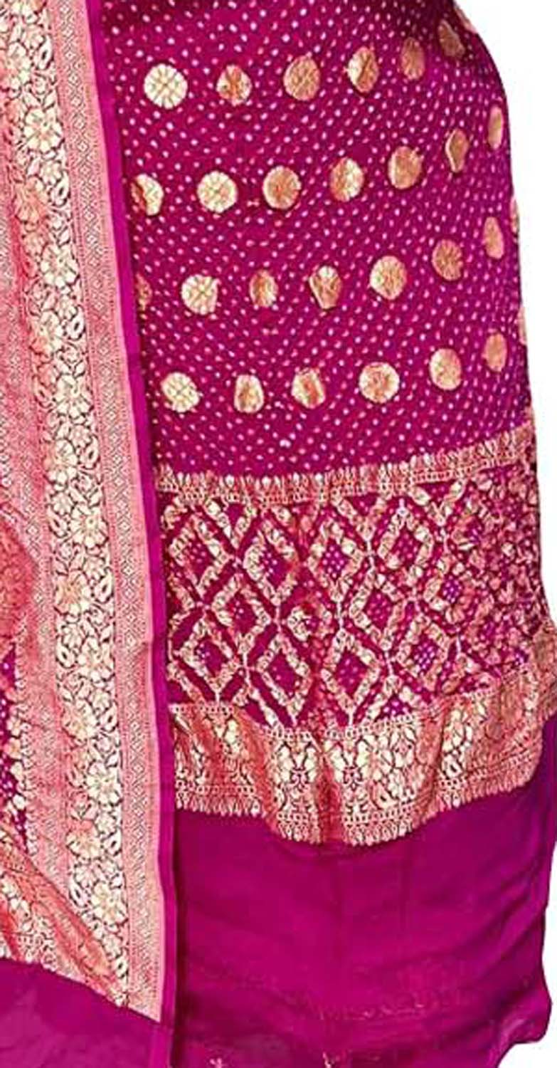 Pink Banarasi Bandhani Pure Georgette Three Piece Unstitched Suit Set - Luxurion World