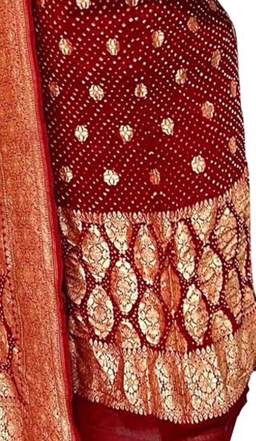 Red And Orange Banarasi Bandhani Pure Georgette Three Piece Unstitched Suit Set - Luxurion World