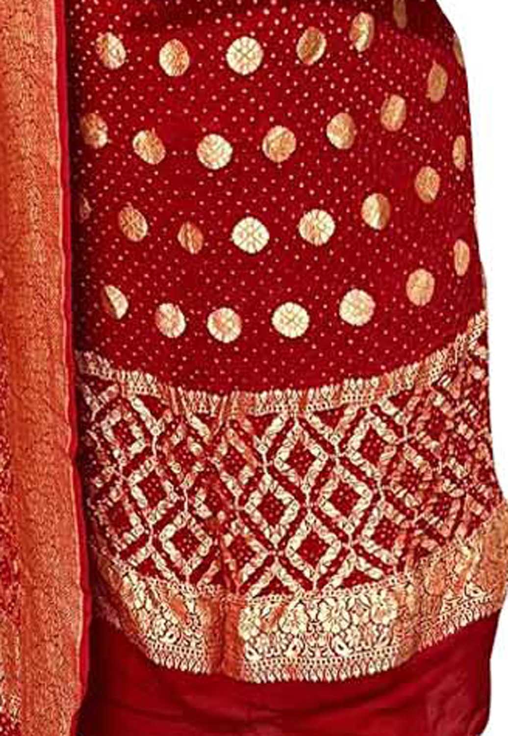 Red Banarasi Bandhani Pure Georgette Three Piece Unstitched Suit Set - Luxurion World