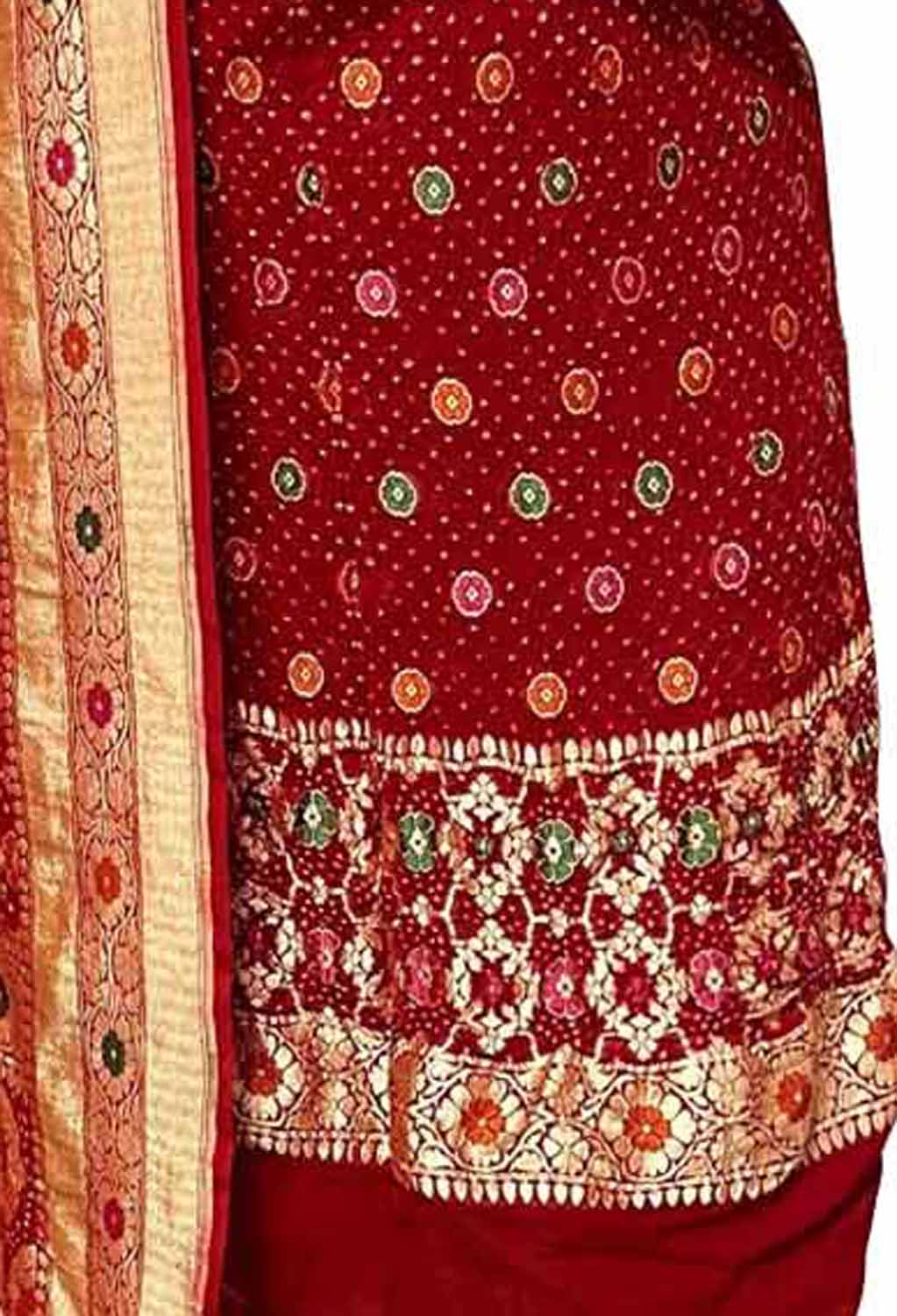 Red And Pink Banarasi Bandhani Pure Georgette Three Piece Unstitched Suit Set - Luxurion World
