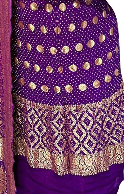 Purple And Pink Banarasi Bandhani Pure Georgette Three Piece Unstitched Suit Set - Luxurion World
