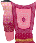 Pink Pure Gajji Silk Bandhani Three Piece Unstitched Suit Set - Luxurion World