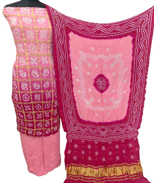 Pink Pure Gajji Silk Bandhani Three Piece Unstitched Suit Set