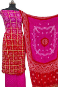 Red & Pink Bandhani Gajji Silk Unstitched Suit — Tie-Dye Artistry, Festive & Bridal