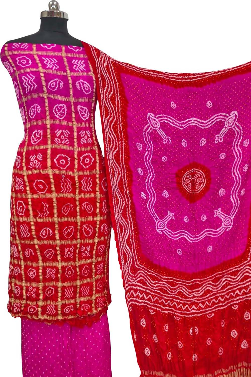 Red & Pink Bandhani Gajji Silk Unstitched Suit — Tie-Dye Artistry, Festive & Bridal