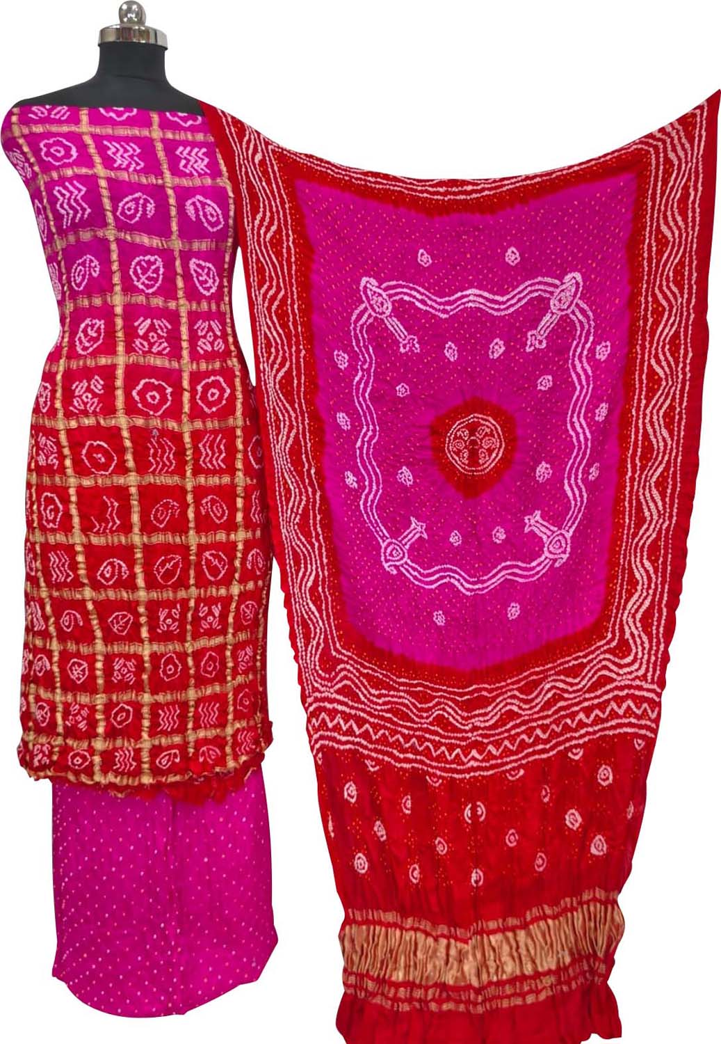 Red & Pink Bandhani Gajji Silk Unstitched Suit — Tie-Dye Artistry, Festive & Bridal