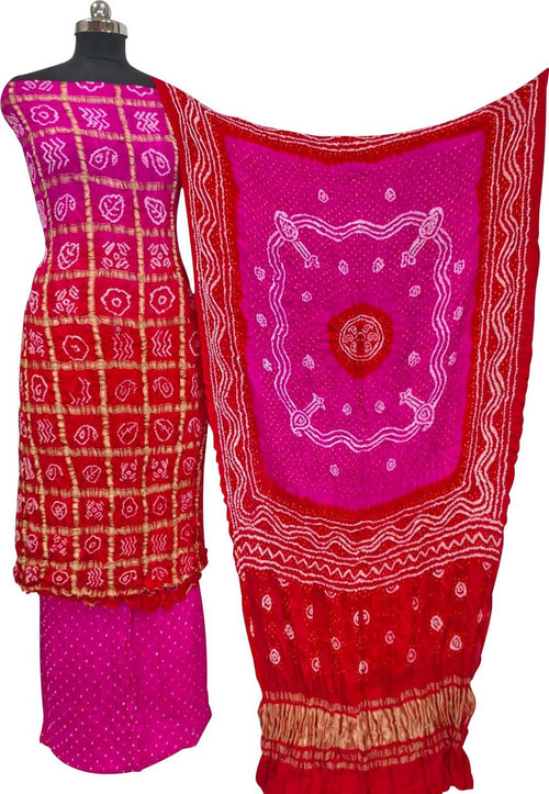 Red & Pink Bandhani Gajji Silk Unstitched Suit — Tie-Dye Artistry, Festive & Bridal