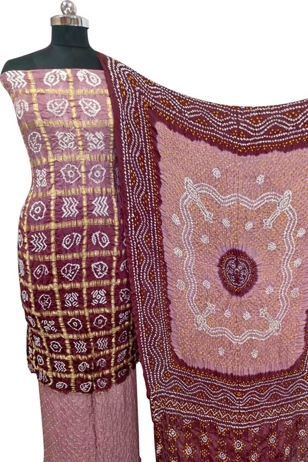 Pink Bandhani Gajji Silk Unstitched Suit — Delicate Tie-Dye, Festive & Celebratory