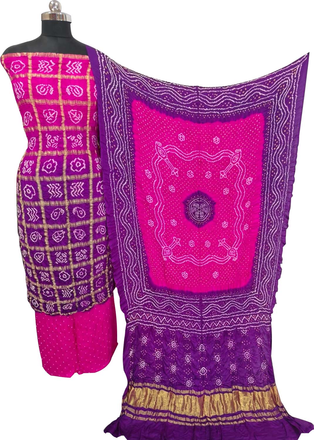 Pink & Purple Bandhani Gajji Silk Unstitched Suit — Dual-Tone Tie-Dye, Festive Elegance