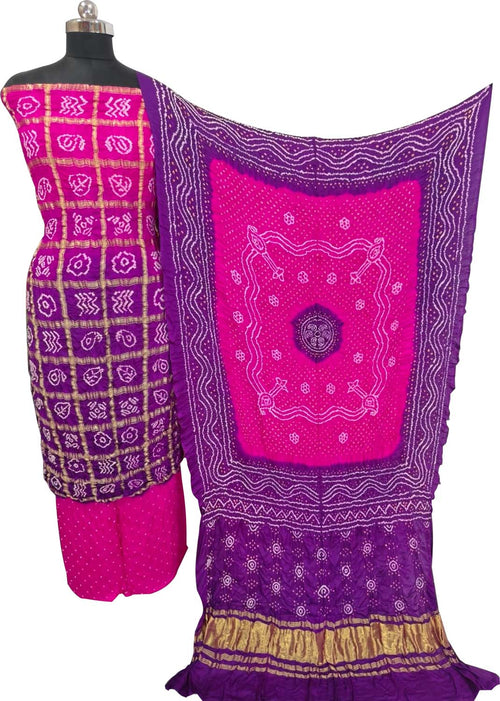 Pink & Purple Bandhani Gajji Silk Unstitched Suit — Dual-Tone Tie-Dye, Festive Elegance