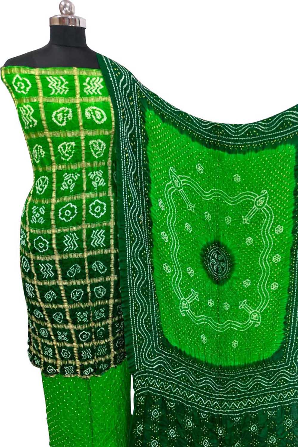 Green Bandhani Gajji Silk Unstitched Suit — Nature-Inspired Tie-Dye, Festive & Ethnic