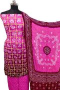 Pink Bandhani Gajji Silk Unstitched Suit — Floral Dot Motifs, Wedding & Festive Wear