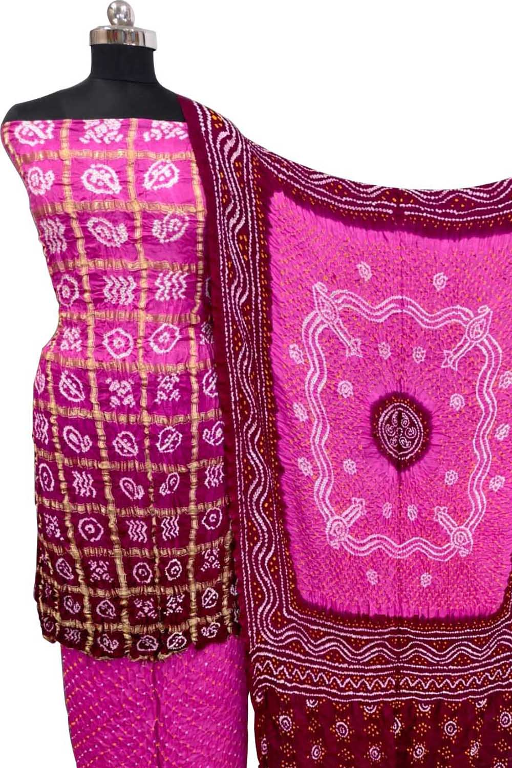Pink Bandhani Gajji Silk Unstitched Suit — Floral Dot Motifs, Wedding & Festive Wear