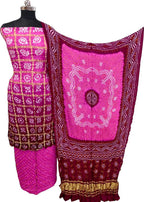 Pink Bandhani Gajji Silk Unstitched Suit — Floral Dot Motifs, Wedding & Festive Wear