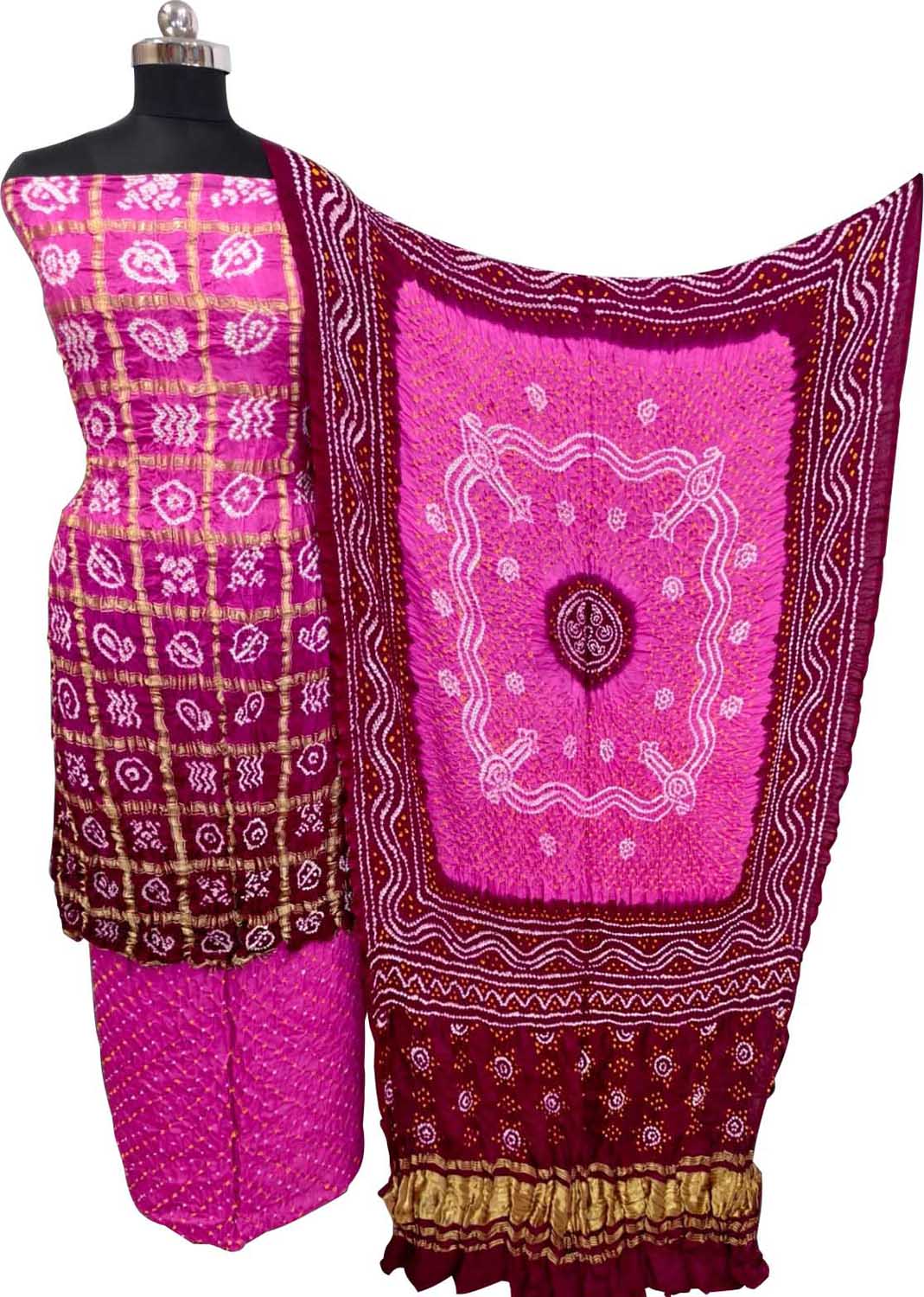 Pink Bandhani Gajji Silk Unstitched Suit — Floral Dot Motifs, Wedding & Festive Wear