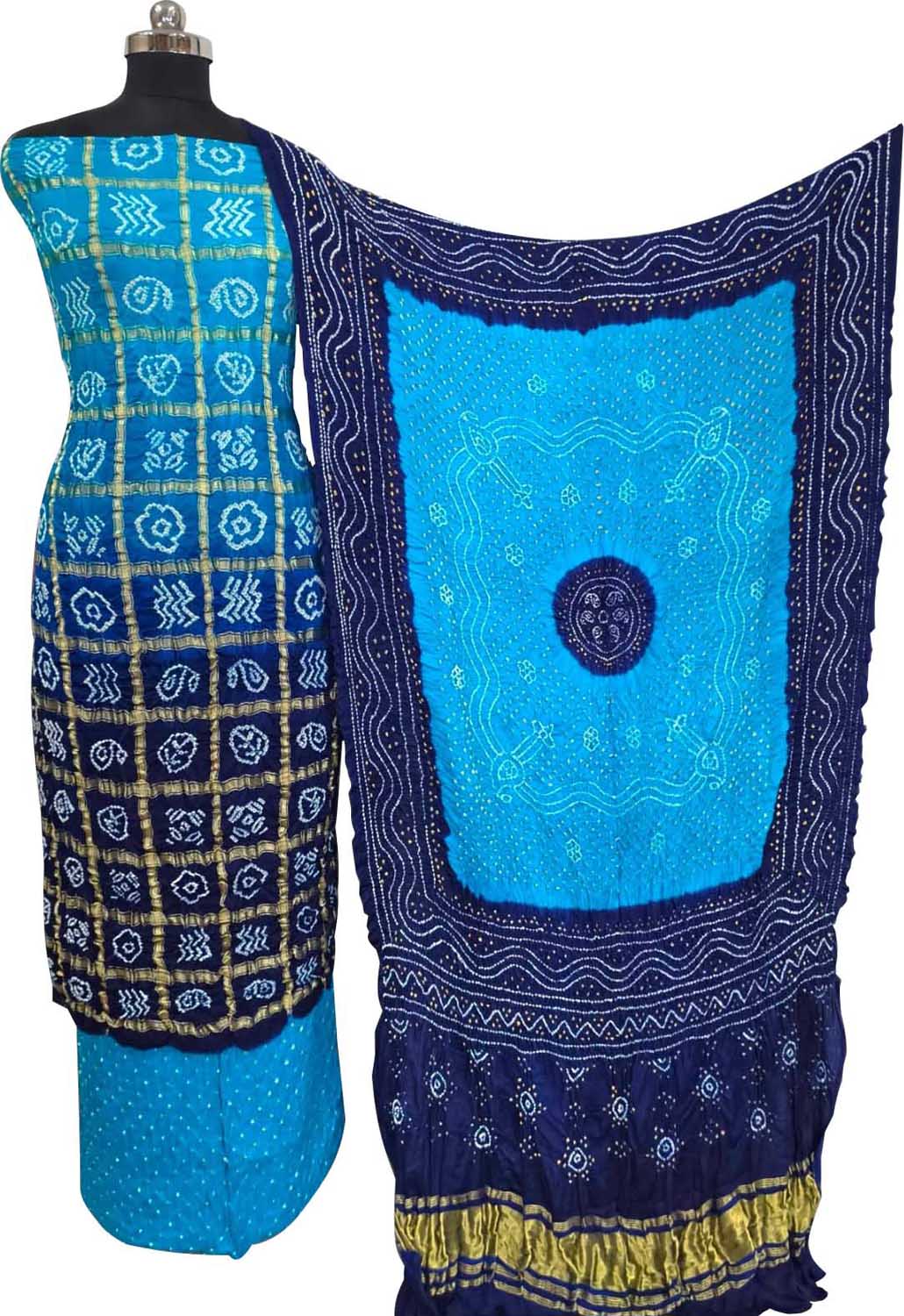 Blue Bandhani Gajji Silk Unstitched Suit — Indigo Tie-Dye Artistry, Festive & Formal