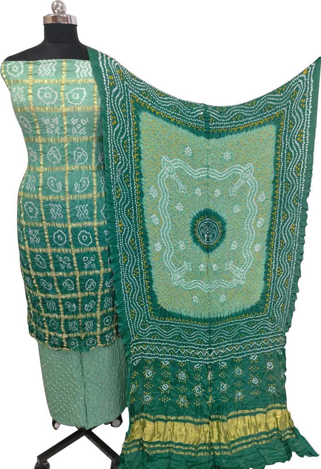 Blue Bandhani Gajji Silk Unstitched Suit — Geometric Dot Patterns, Ethnic & Festive
